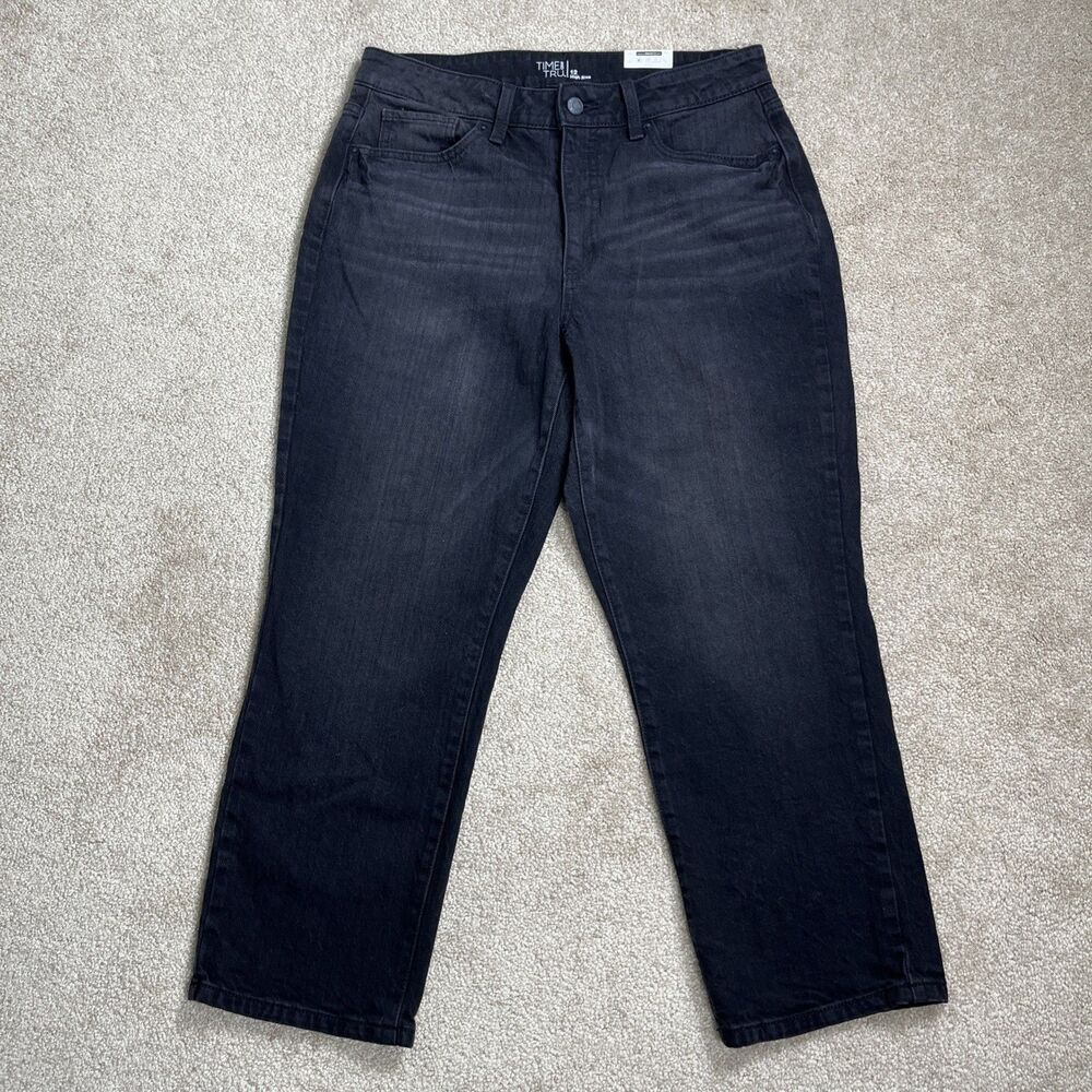 NWT Time‎ and Tru Jeans Womens Size 12 Black High Rise Straight Crop Denim Pants